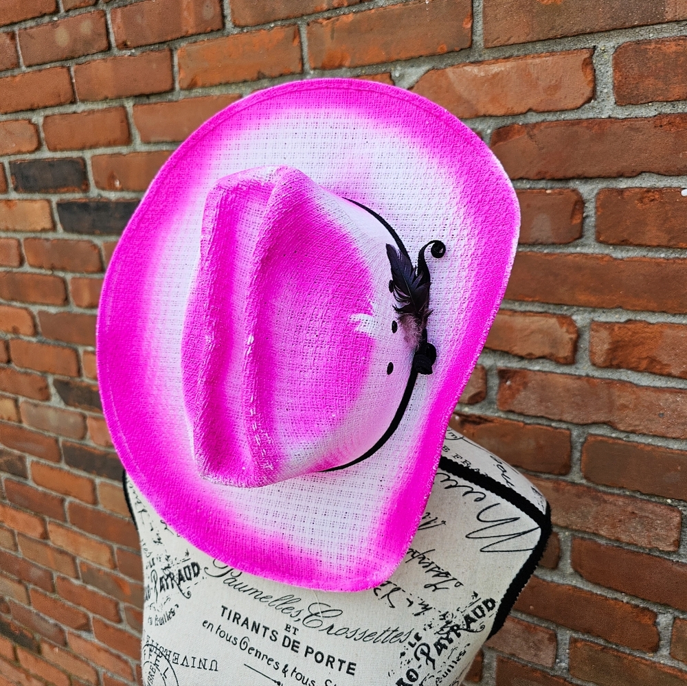 VTG Western Express Ombre Cowgirl Hat – Barbie Pink & White | Feather Detail | M